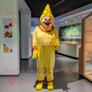 Lemon Yellow Evil Clown mascot costume character dressed with a Romper and Clutch bags