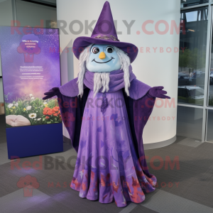 Lavender Witch mascot costume character dressed with a Maxi Dress and Scarves