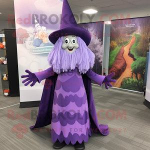 Lavender Witch mascot costume character dressed with a Maxi Dress and Scarves