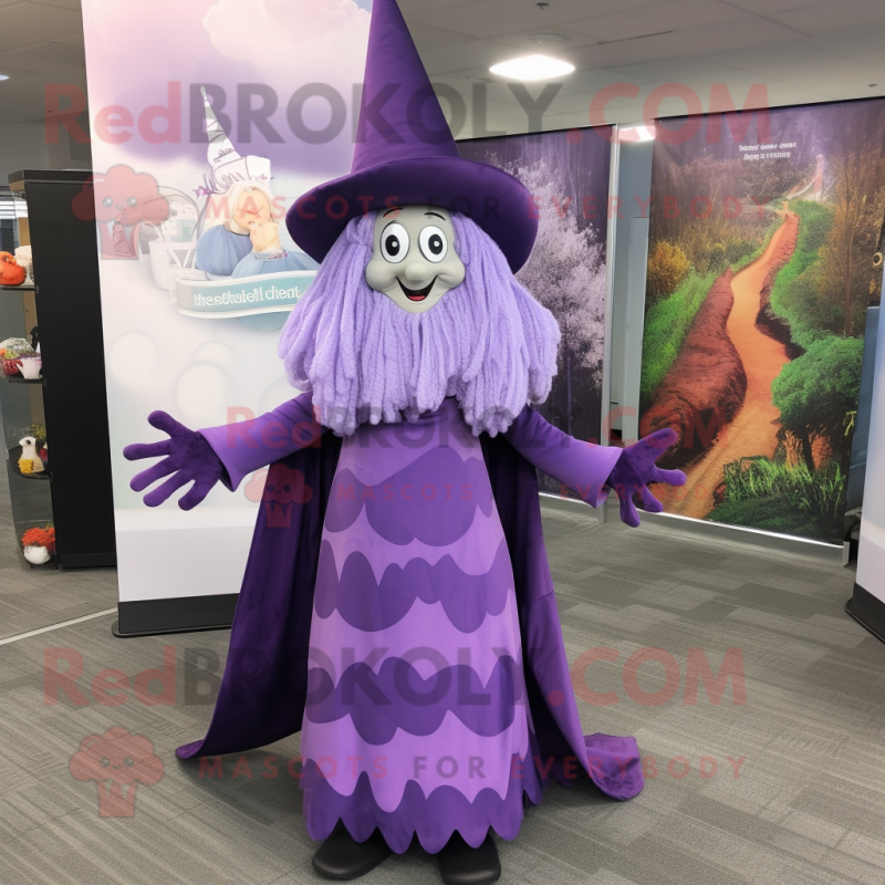 Lavender Witch mascot costume character dressed with a Maxi Dress and Scarves Lavender Witch mascot costume character dressed with a Maxi Dress and Scarves
