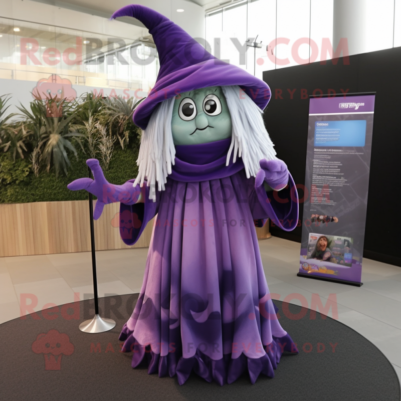 Lavender Witch mascot costume character dressed with a Maxi Dress and Scarves Lavender Witch mascot costume character dressed with a Maxi Dress and Scarves