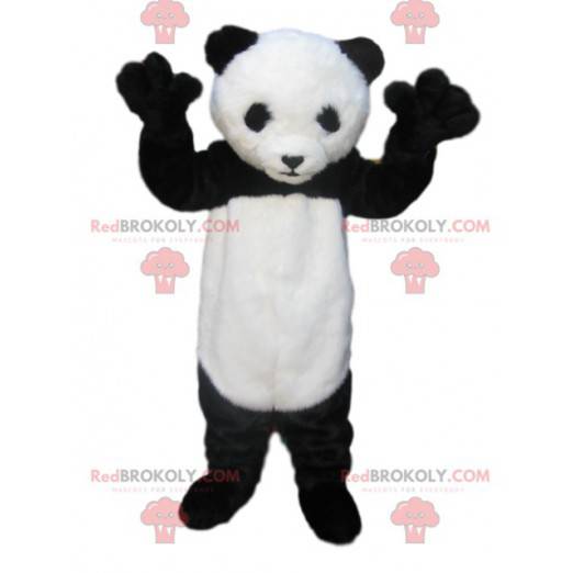 Mascote do panda preto e branco com um olhar comovente. -