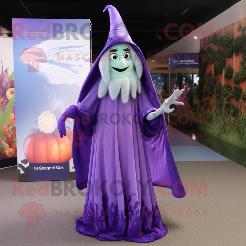Lavender Witch mascot costume character dressed with a Maxi Dress and Scarves Lavender Witch mascot costume character dressed with a Maxi Dress and Scarves