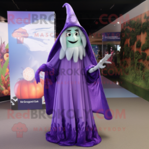 Lavender Witch mascot costume character dressed with a Maxi Dress and Scarves