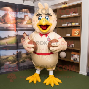 Tan Chicken mascot costume character dressed with a Rugby Shirt and Belts
