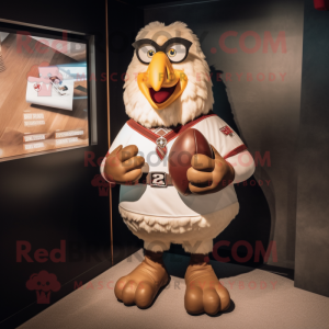Tan Chicken mascot costume character dressed with a Rugby Shirt and Belts