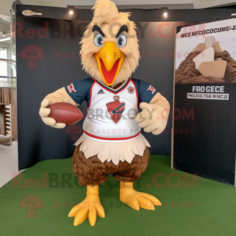 Tan Chicken mascot costume character dressed with a Rugby Shirt and Belts