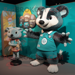 Teal Badger mascot costume character dressed with a Playsuit and Brooches