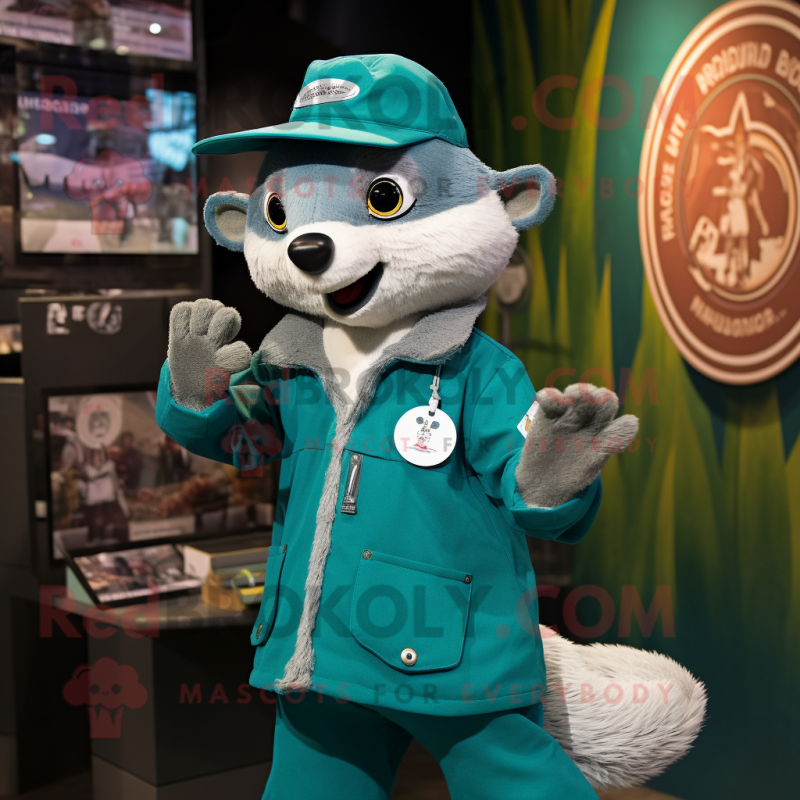 Teal Badger mascot costume character dressed with a Playsuit and Brooches