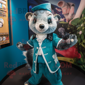 Teal Badger mascot costume character dressed with a Playsuit and Brooches