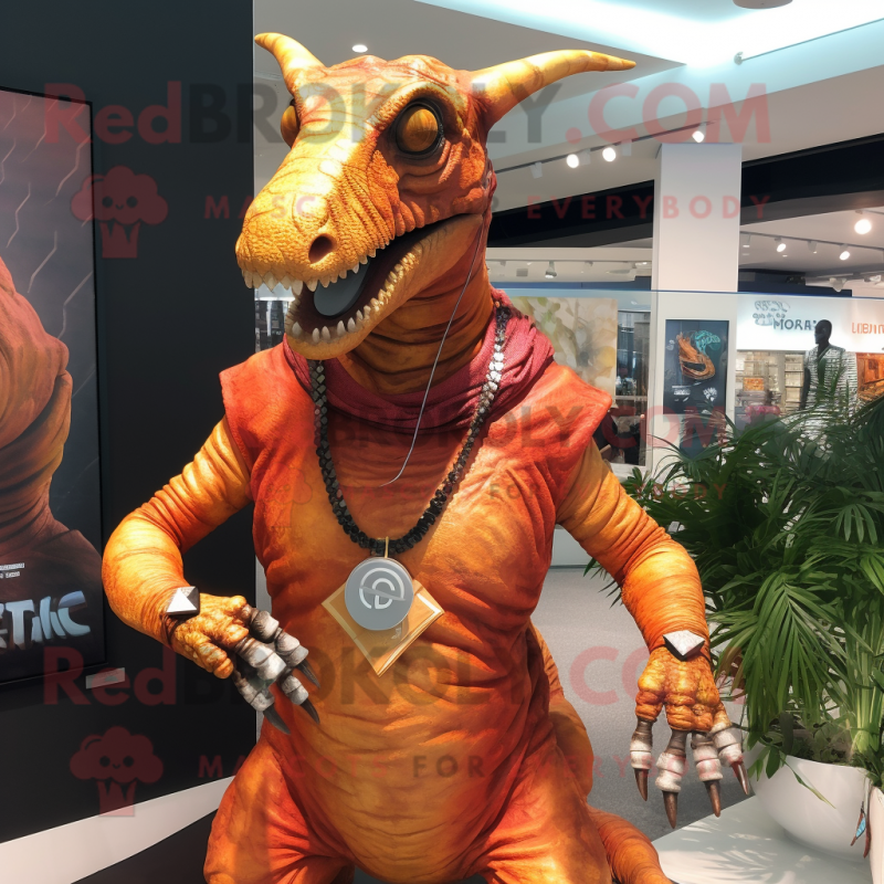 Rust Parasaurolophus mascot costume character dressed with a Rash Guard and Necklaces Rust Parasaurolophus mascot costume character dressed with a Rash Guard and Necklaces