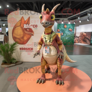 Rust Parasaurolophus mascot costume character dressed with a Rash Guard and Necklaces