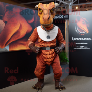 Rust Parasaurolophus mascot costume character dressed with a Rash Guard and Necklaces