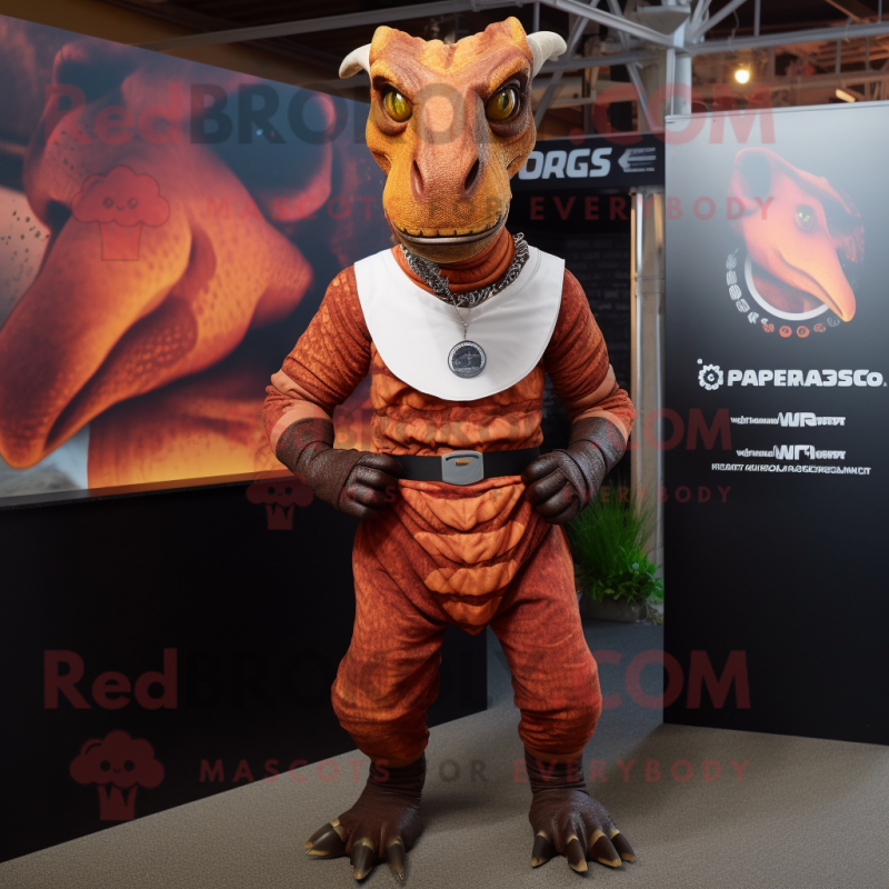 Rust Parasaurolophus mascot costume character dressed with a Rash Guard and Necklaces