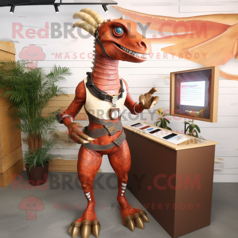 Rust Parasaurolophus mascot costume character dressed with a Rash Guard and Necklaces