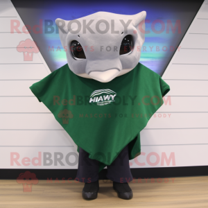 Forest Green Manta Ray mascot costume character dressed with a Henley Tee and Shawls