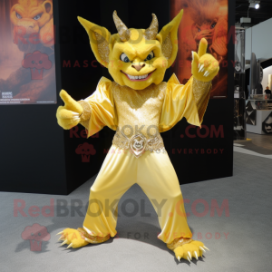 Gold Gargoyle mascot costume character dressed with a Dress Pants and Hair clips