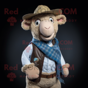 Tan Sheep mascot costume character dressed with a Chambray Shirt and Shawl pins