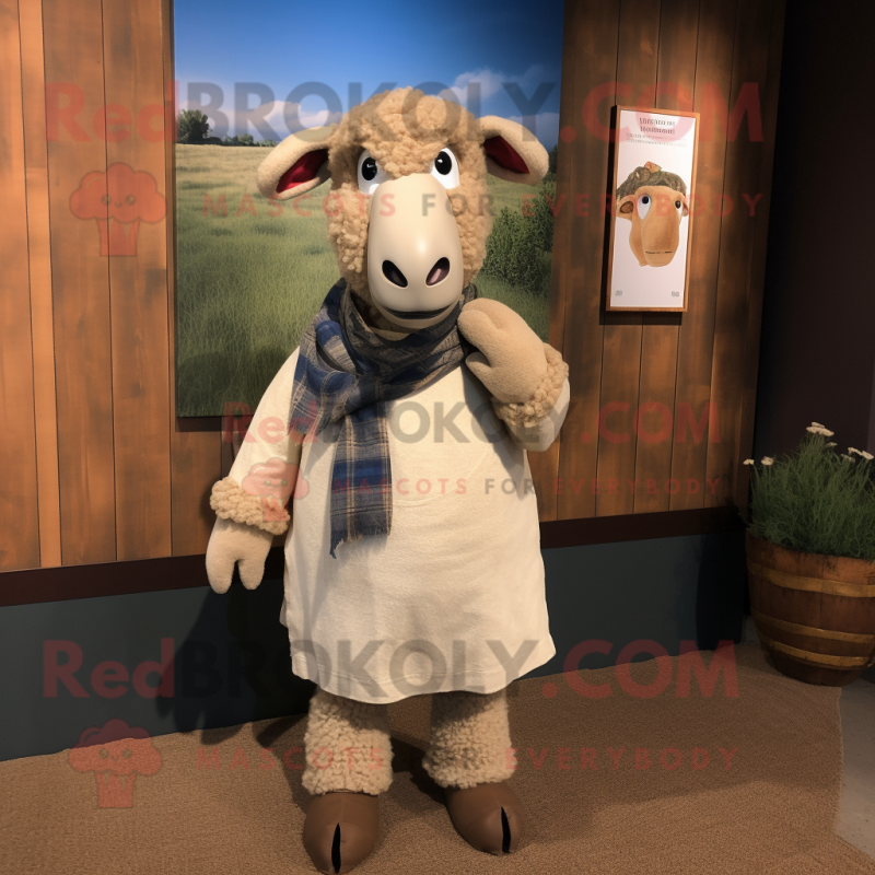 Tan Sheep mascot costume character dressed with a Chambray Shirt and Shawl pins