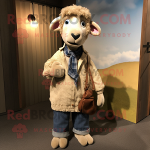 Tan Sheep mascot costume character dressed with a Chambray Shirt and Shawl pins