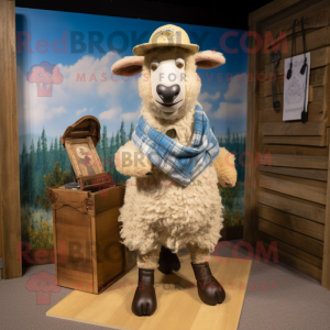 Tan Sheep mascot costume character dressed with a Chambray Shirt and Shawl pins