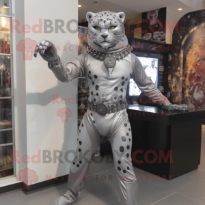 Silver Leopard mascot costume character dressed with a Bodysuit and Belts