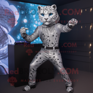 Silver Leopard mascot costume character dressed with a Bodysuit and Belts