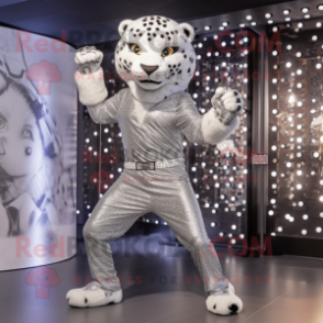 Silver Leopard mascot costume character dressed with a Bodysuit and Belts