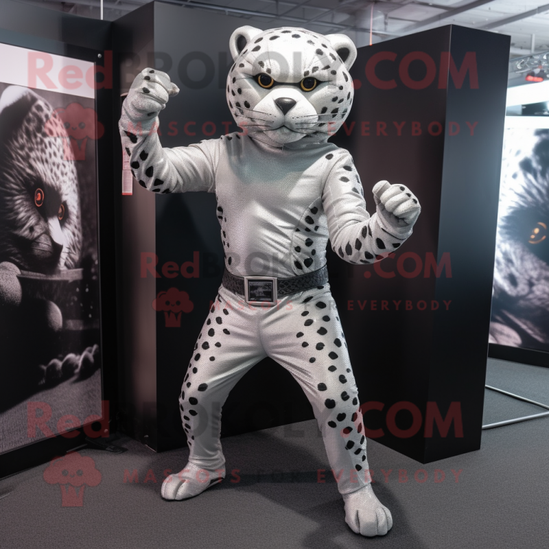 Silver Leopard mascot costume character dressed with a Bodysuit and Belts