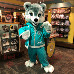 Teal Wolf mascot costume character dressed with a Bomber Jacket and Coin purses