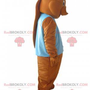 Brown beaver mascot with a blue jacket and a red hat -