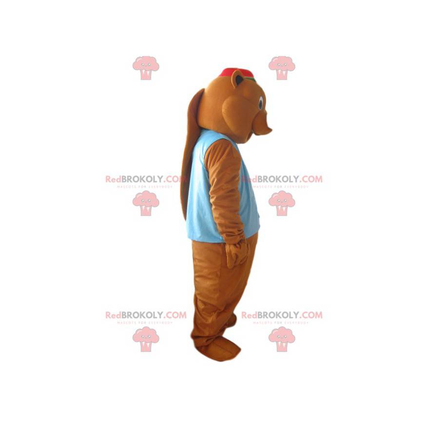 Brown beaver mascot with a blue jacket and a red hat -