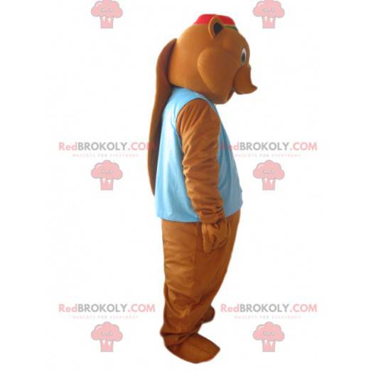 Braunes Bibermaskottchen mit blauer Jacke und rotem Hut -