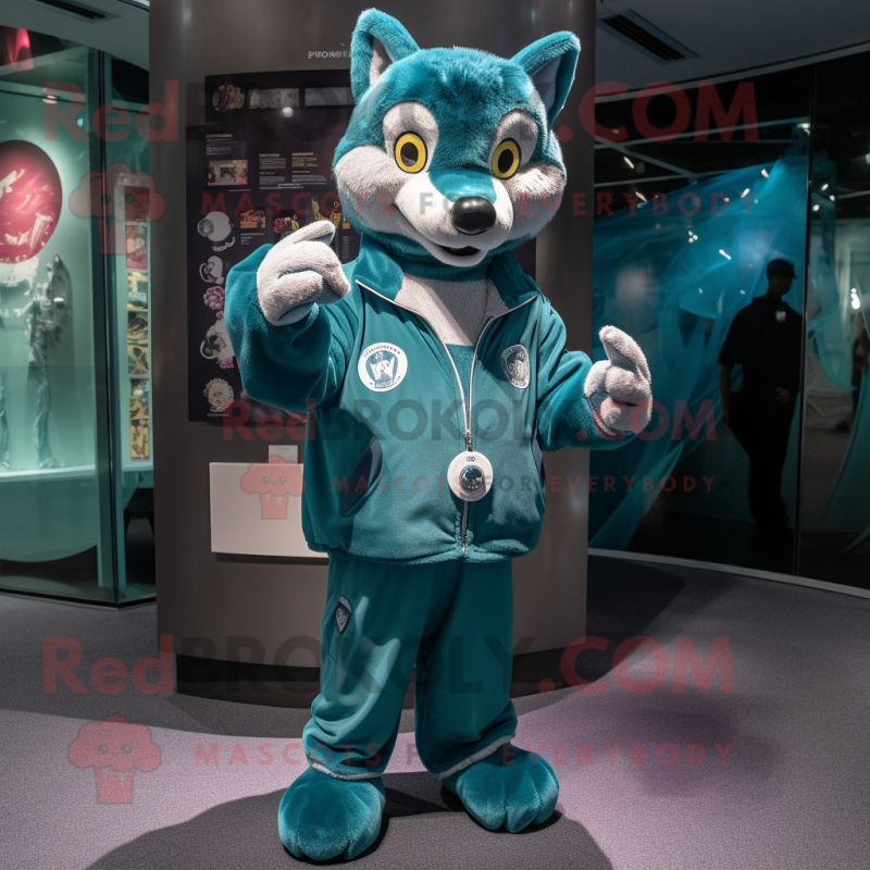 Teal Wolf mascot costume character dressed with a Bomber Jacket and Coin purses