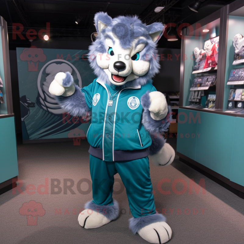 Teal Wolf mascot costume character dressed with a Bomber Jacket and Coin purses Teal Wolf mascot costume character dressed with a Bomber Jacket and Coin purses