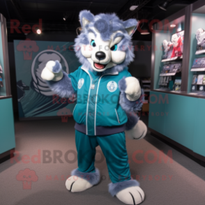 Teal Wolf mascot costume character dressed with a Bomber Jacket and Coin purses