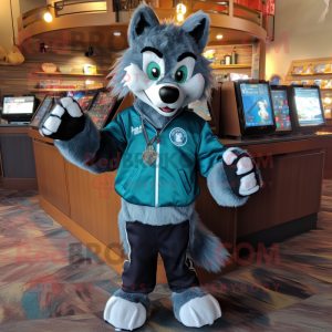 Teal Wolf mascot costume character dressed with a Bomber Jacket and Coin purses