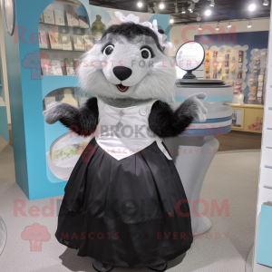 Black Marmot mascot costume character dressed with a Wedding Dress and Coin purses
