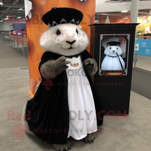Black Marmot mascot costume character dressed with a Wedding Dress and Coin purses