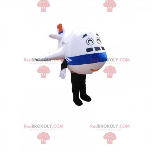 Weißes und blaues Flugzeugmaskottchen. Flugzeugkostüm -