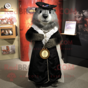 Black Marmot mascot costume character dressed with a Wedding Dress and Coin purses