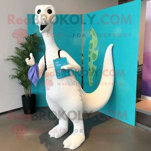 White Brachiosaurus mascot costume character dressed with a Capri Pants and Clutch bags