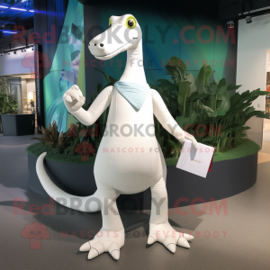 White Brachiosaurus mascot costume character dressed with a Capri Pants and Clutch bags