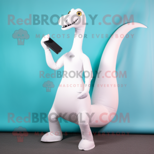White Brachiosaurus mascot costume character dressed with a Capri Pants and Clutch bags