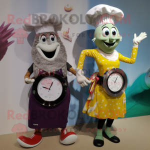 Silver Paella mascot costume character dressed with a Maxi Dress and Smartwatches