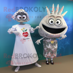 Silver Paella mascot costume character dressed with a Maxi Dress and Smartwatches
