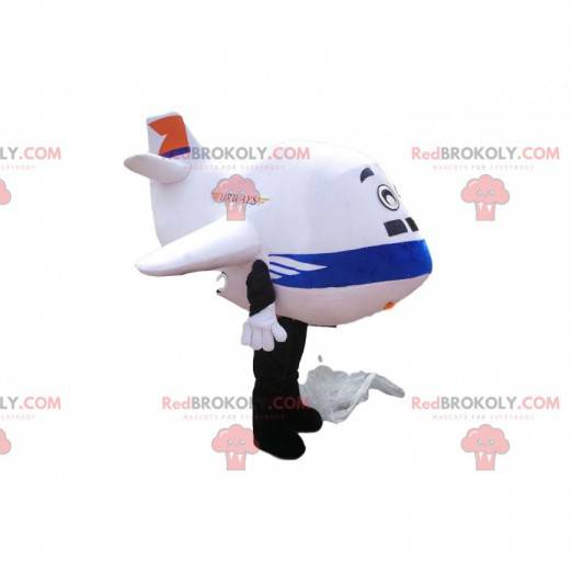 White and blue airplane mascot. Airplane costume -