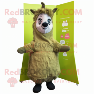 Olive Llama mascot costume character dressed with a Coat and Hairpins