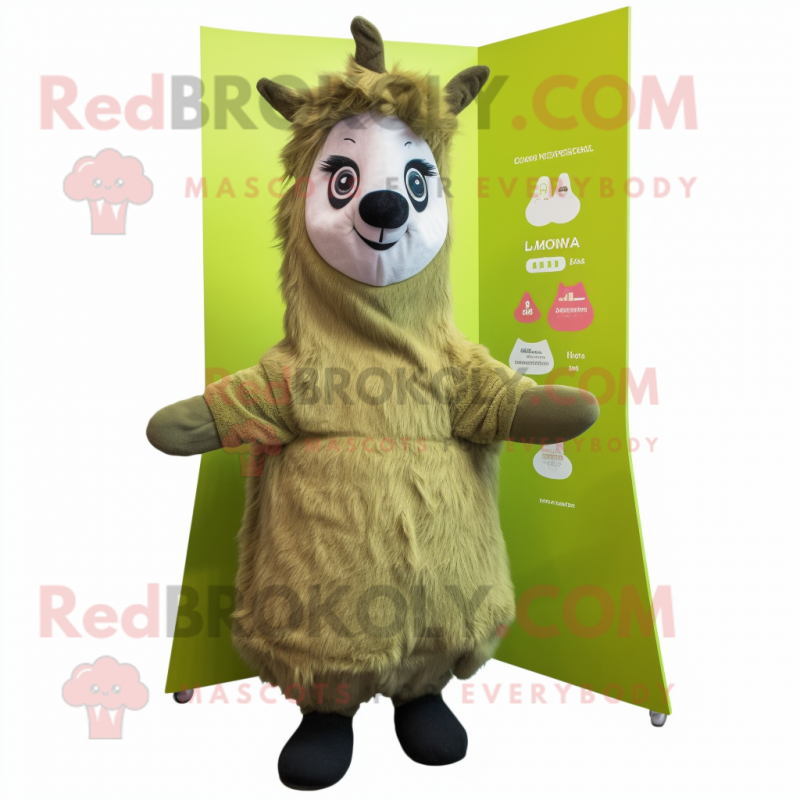 Olive Llama mascot costume character dressed with a Coat and Hairpins Olive Llama mascot costume character dressed with a Coat and Hairpins