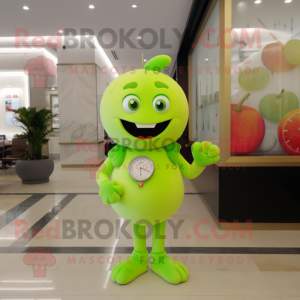 Lime Green Cherry mascot costume character dressed with a Romper and Bracelet watches